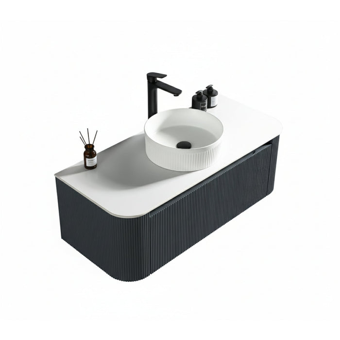 Tailored Flauto 1 Drawer Fluted Wall Hung Curve Corner Vanity Unit with Sintered Stone Countertop