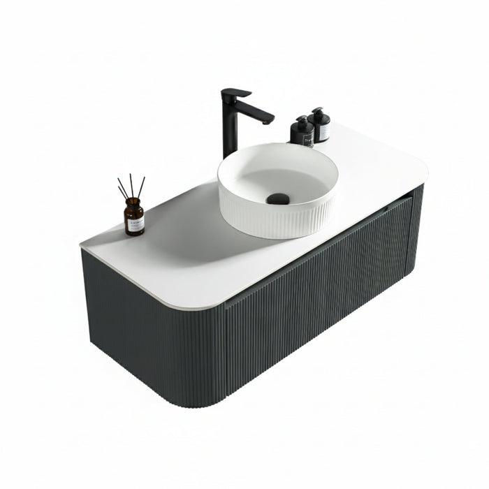 Tailored Flauto 1 Drawer Fluted Wall Hung Curve Corner Vanity Unit with Sintered Stone Countertop