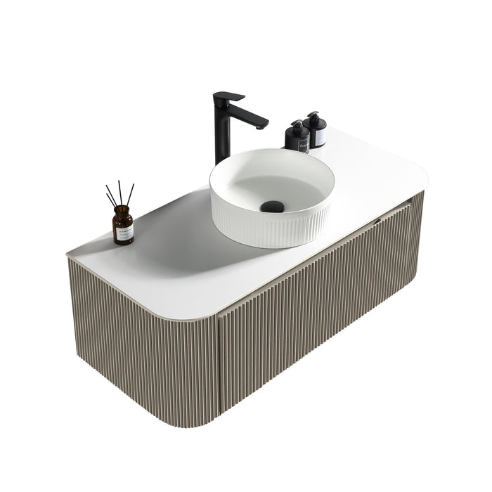 Tailored Flauto 1 Drawer Fluted Wall Hung Curve Corner Vanity Unit with Sintered Stone Countertop