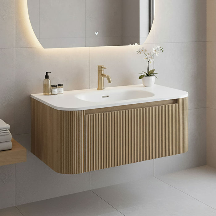 Tailored Flauto 870mm 1 Drawer Fluted Wall Hung Curve Corner Vanity Unit with Matt White Basin