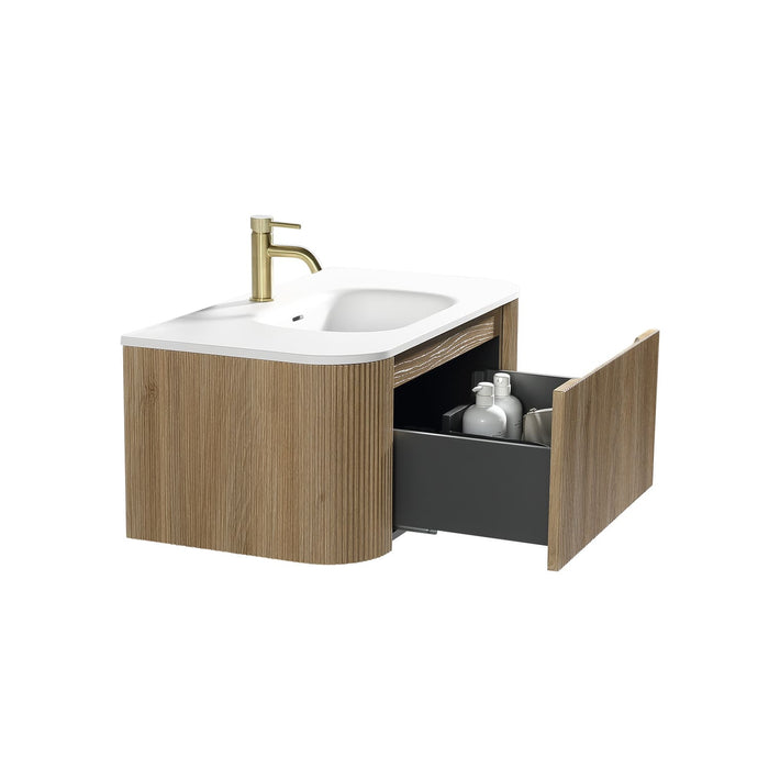 Tailored Flauto 870mm 1 Drawer Fluted Wall Hung Curve Corner Vanity Unit with Matt White Basin