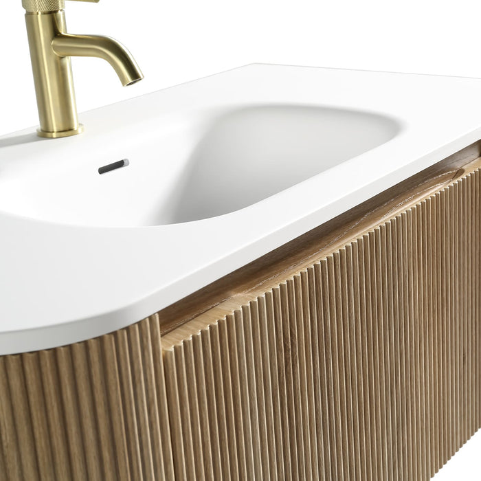 Tailored Flauto 870mm 1 Drawer Fluted Wall Hung Curve Corner Vanity Unit with Matt White Basin