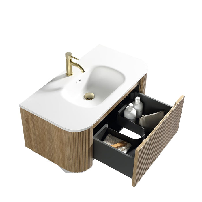Tailored Flauto 870mm 1 Drawer Fluted Wall Hung Curve Corner Vanity Unit with Matt White Basin