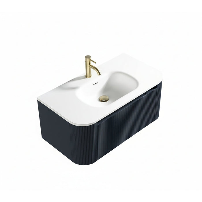 Tailored Flauto 870mm 1 Drawer Fluted Wall Hung Curve Corner Vanity Unit with Matt White Basin