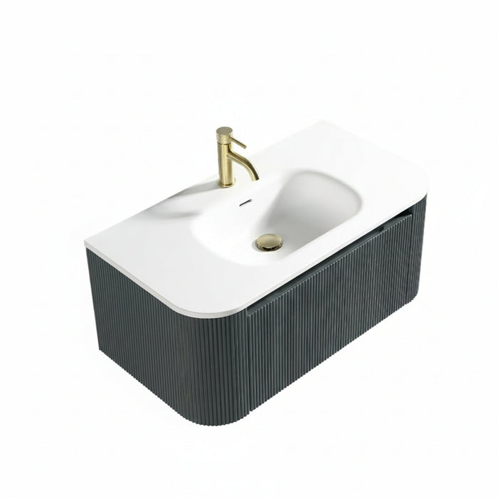 Tailored Flauto 870mm 1 Drawer Fluted Wall Hung Curve Corner Vanity Unit with Matt White Basin