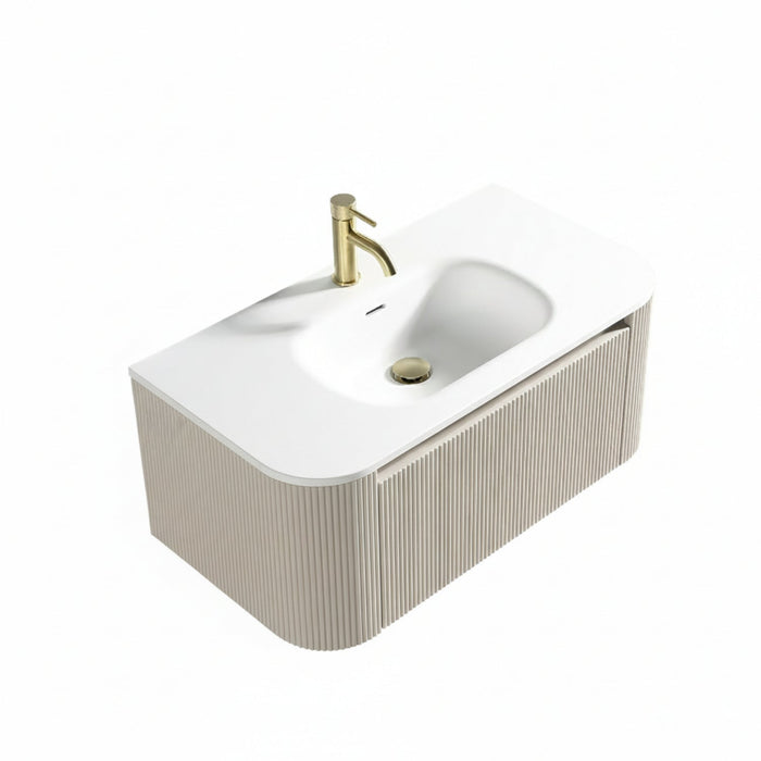 Tailored Flauto 870mm 1 Drawer Fluted Wall Hung Curve Corner Vanity Unit with Matt White Basin