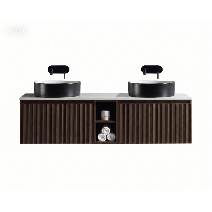Tailored Flauto 1400mm 2 Drawer Wall Hung Double Vanity Unit with Storage Box & Sintered Stone Countertop