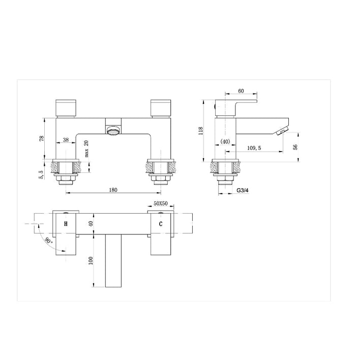 Tailored Raglan Modern Square Bath Filler Tap - Chrome