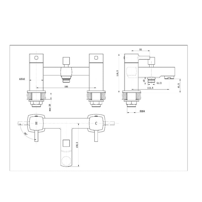 Tailored Newport Square Bath Shower Mixer Tap with Handset - Chrome