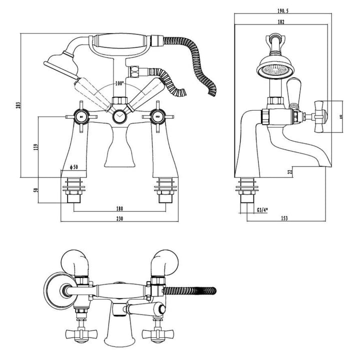 Tailored Tenby Traditional Crosshead Bath Shower Mixer Tap with Handset - Chrome