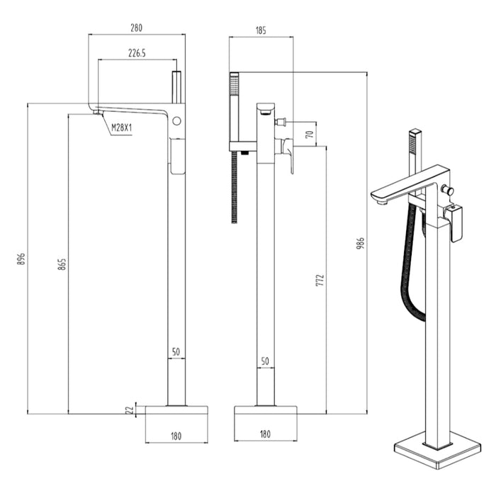 Tailored Swansea Floor Standing Bath Shower Mixer Tap with Handset