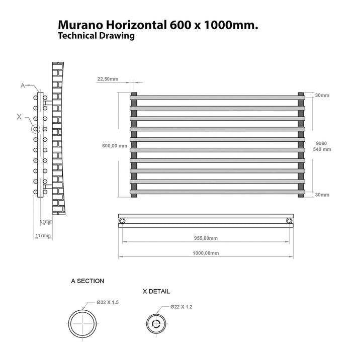 Eastbrook Murano Horizontal Designer Radiator - Matt Black