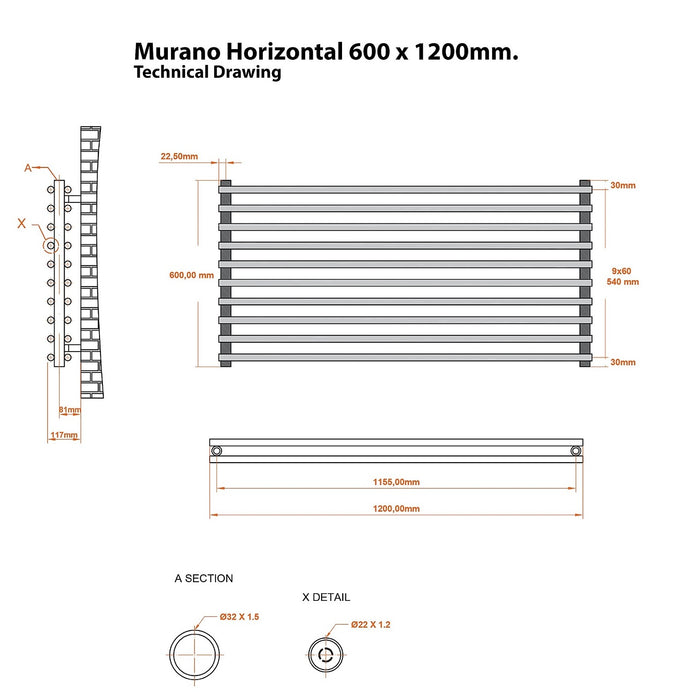 Eastbrook Murano Horizontal Designer Radiator - Matt Black