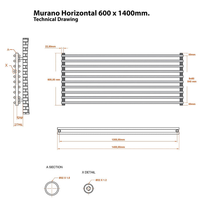 Eastbrook Murano Horizontal Designer Radiator - Matt Black