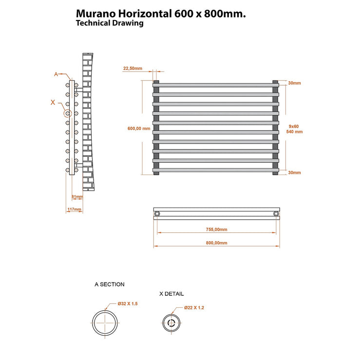 Eastbrook Murano Horizontal Designer Radiator - Matt Black