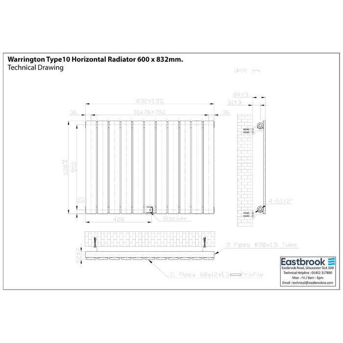 Eastbrook Warrington Type 10 Horizontal Designer Radiator Gloss White
