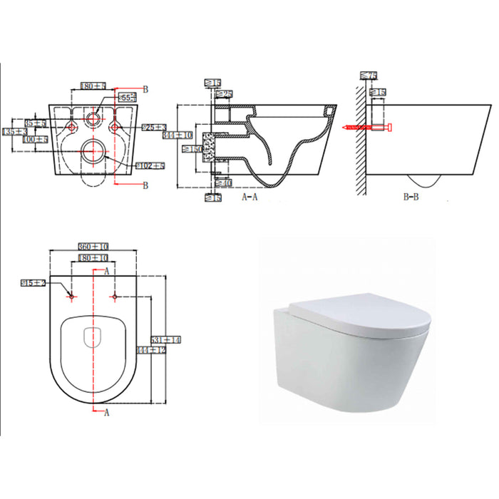 Tailored Ferrara Plus Rimless Wall Hung Toilet with Wrap Over Soft Close Seat