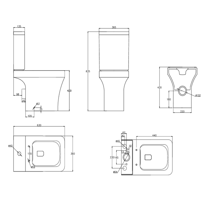 Tailored Savona Rimless Square Open Back Close Coupled Toilet with Soft Close Seat