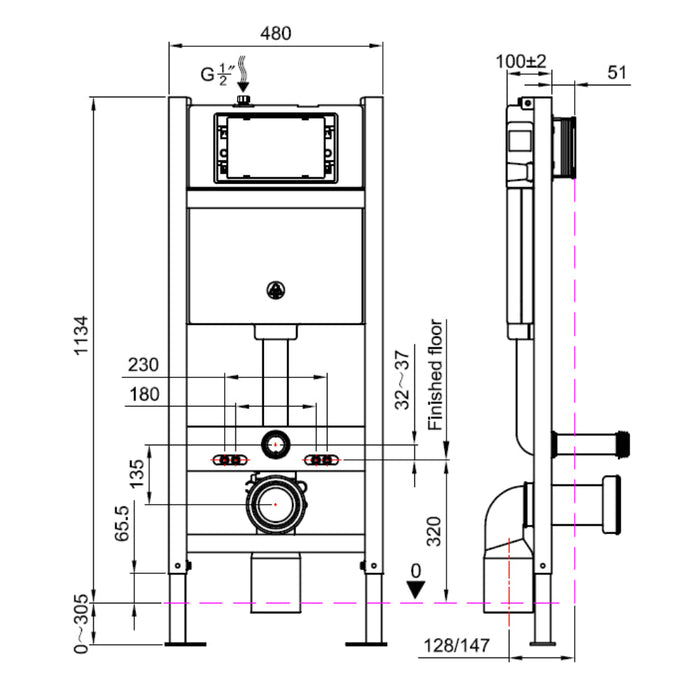 Tailored Wall Hung Toilet Frame & Pneumatic Concealed Cistern with Flush Button Plate