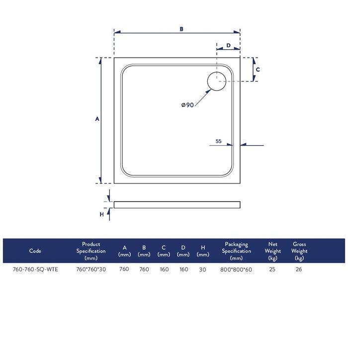 Scudo Riva Square Shower Tray with Waste - White