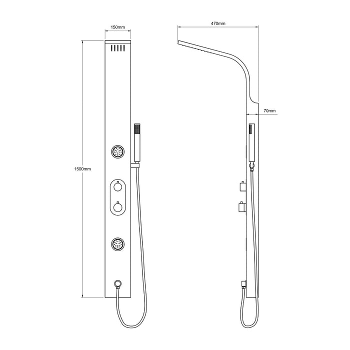 Eastbrook Derwent Shower Panel With Thermostatic Valve, Body Jets, Round Shower Handset & Hose - Chrome/Black