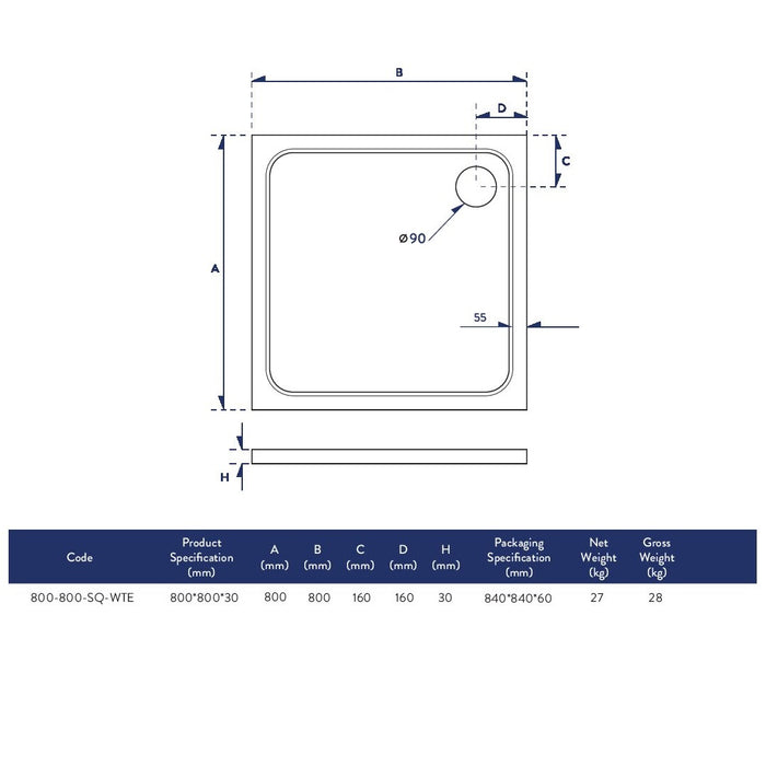 Scudo Riva Square Shower Tray with Waste - White