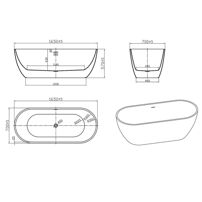 Tailored Amalfi Double Ended Freestanding Bath - 1650mm x 700mm - Gloss White