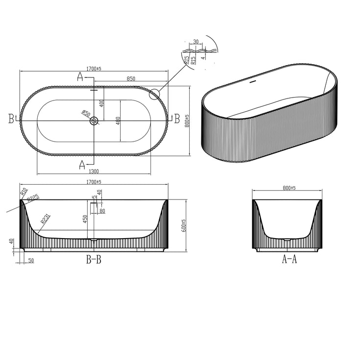 Tailored Flauto Fluted Double Ended Freestanding Bath - 1700mm x 800mm - Matt White