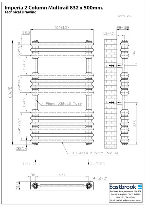 Eastbrook Imperia Vertical Multirail 2 Column Radiator - Matt Anthracite