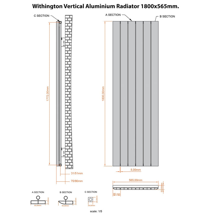 Eastbrook Withington Aluminium Vertical Designer Radiator - Matt Anthracite