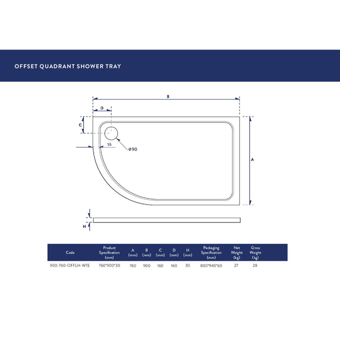 Scudo Riva Offset Quadrant Shower Tray with Waste - White