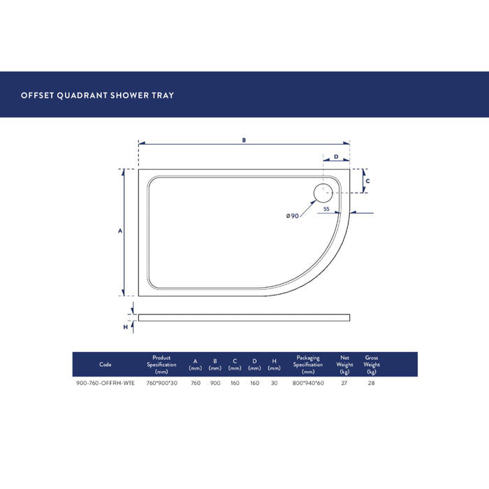 Scudo Riva Offset Quadrant Shower Tray with Waste - White
