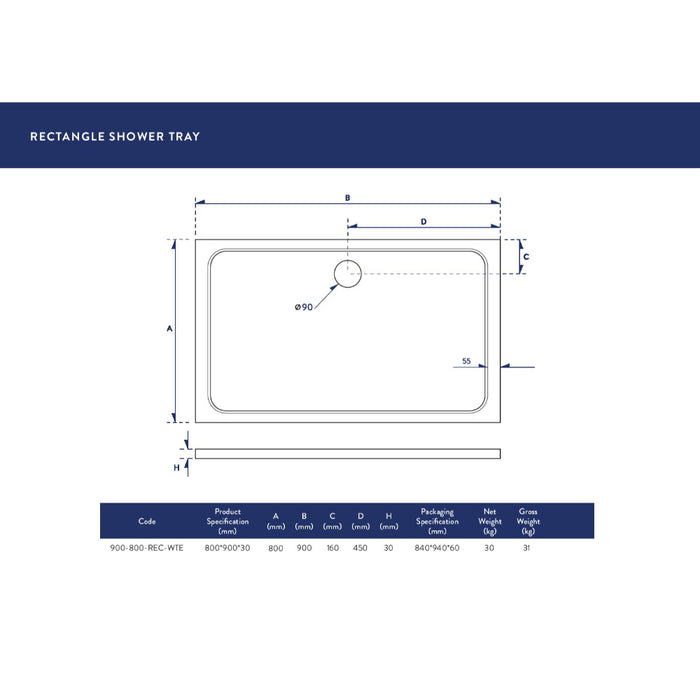 Scudo Riva Rectangular Shower Tray with Waste - White