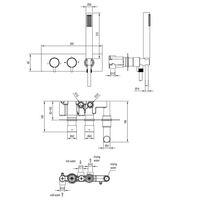 Eastbrook Meriden 2 Outlet Landscape Thermostatic Concealed Shower Valve With Handset And Hose