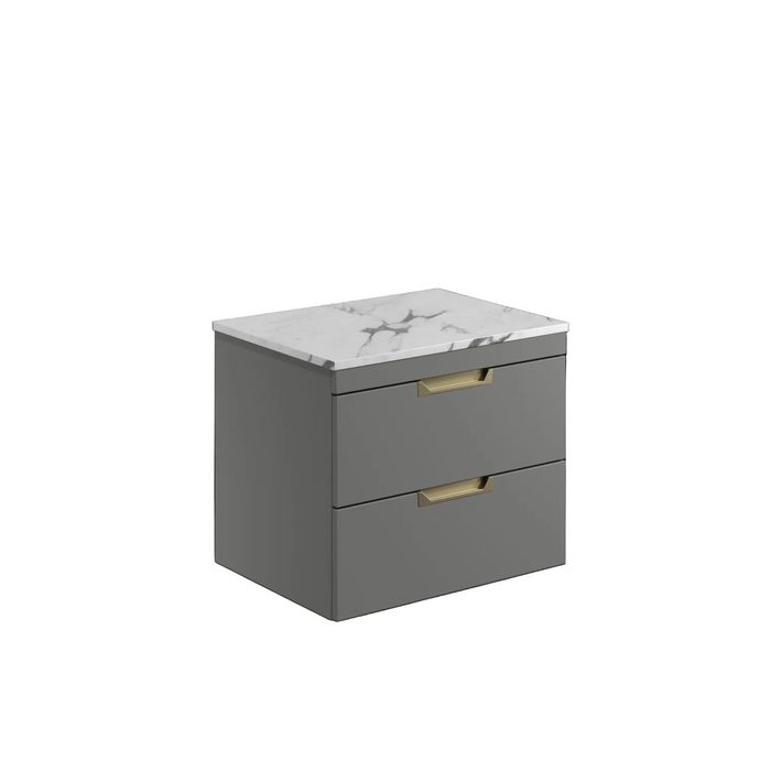 Scudo Aubrey 600mm 2 Drawer Wall Hung Vanity Unit with Carrara Countertop & Pair of Handles