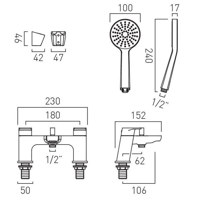 Vado Ava Deck Mounted Bath Shower Mixer Tap with Shower Kit - Chrome