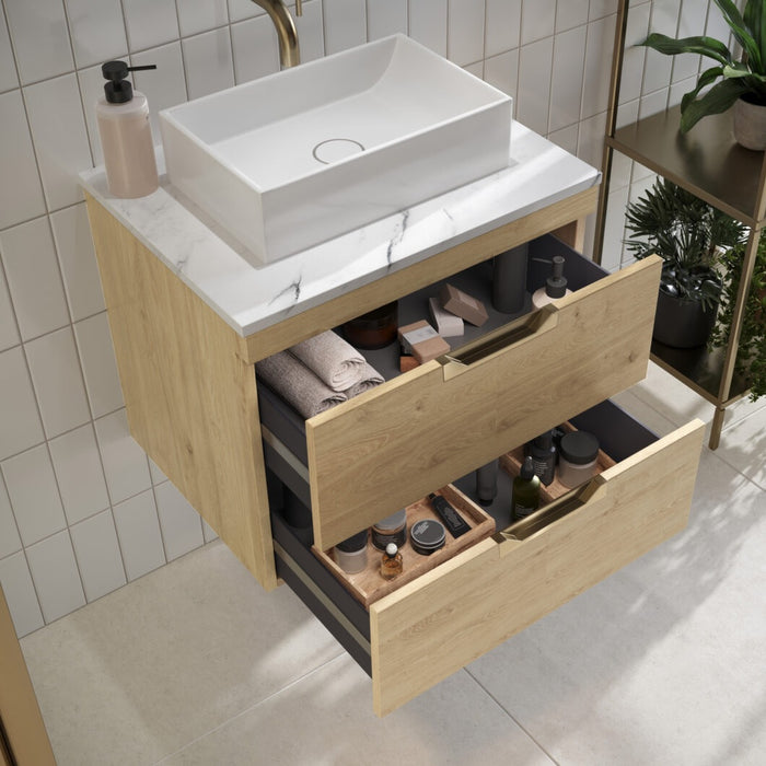 Scudo Aubrey 600mm 2 Drawer Wall Hung Vanity Unit with Carrara Countertop & Pair of Handles