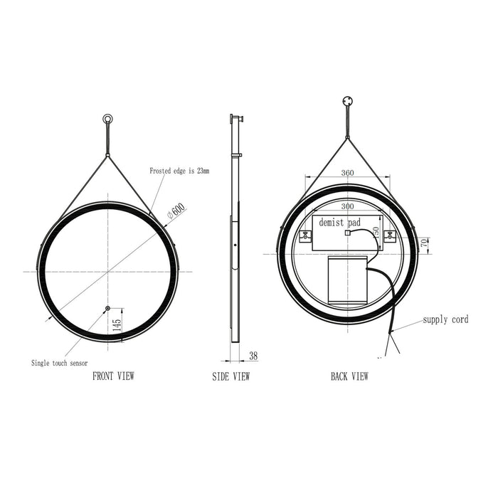 Scudo Belini Round Illuminated LED Hanging Mirror - Matt Black - 600mm