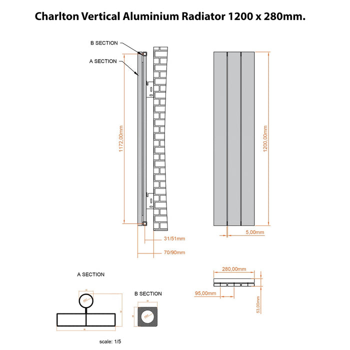 Eastbrook Charlton Aluminium Vertical Designer Radiator - Matt Anthracite