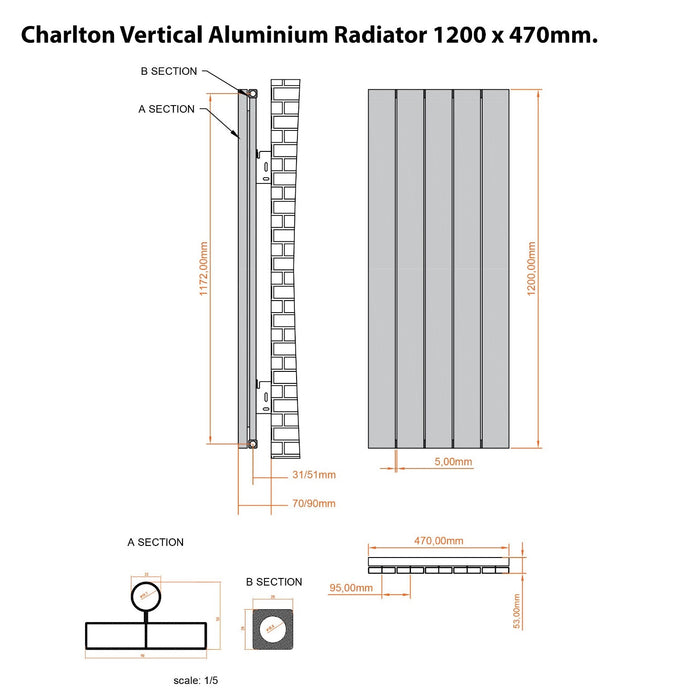 Eastbrook Charlton Aluminium Vertical Designer Radiator - Matt Anthracite