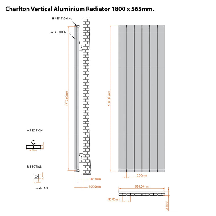 Eastbrook Charlton Aluminium Vertical Designer Radiator - Matt Anthracite