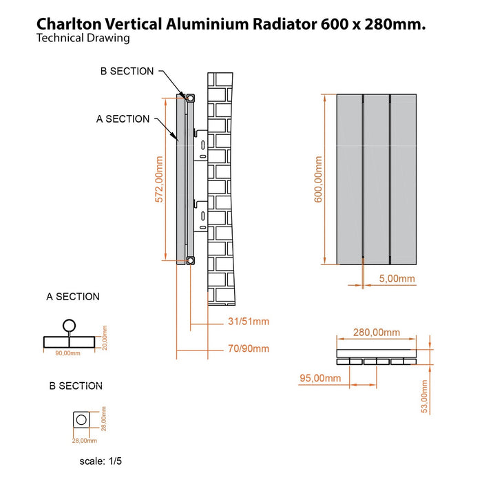 Eastbrook Charlton Aluminium Vertical Designer Radiator - Matt Anthracite