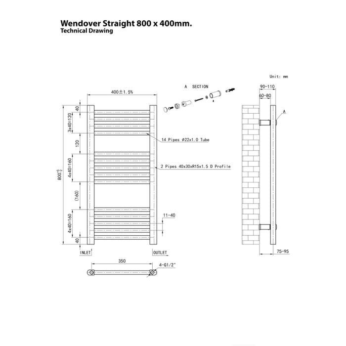 Eastbrook Wendover Vertical Straight Heated Towel Rail - White