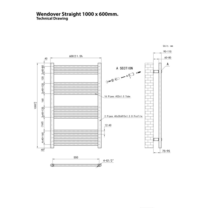 Eastbrook Wendover Vertical Straight Heated Towel Rail - White