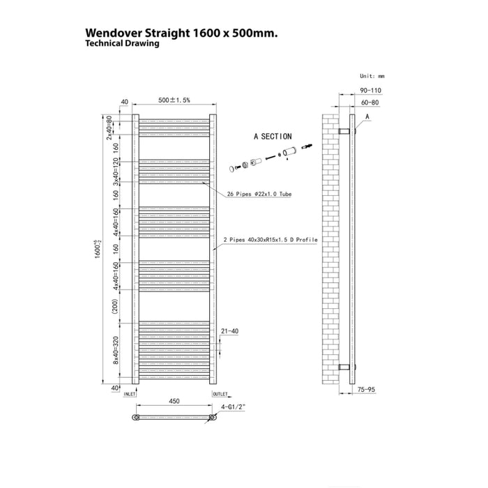 Eastbrook Wendover Vertical Straight Heated Towel Rail - White