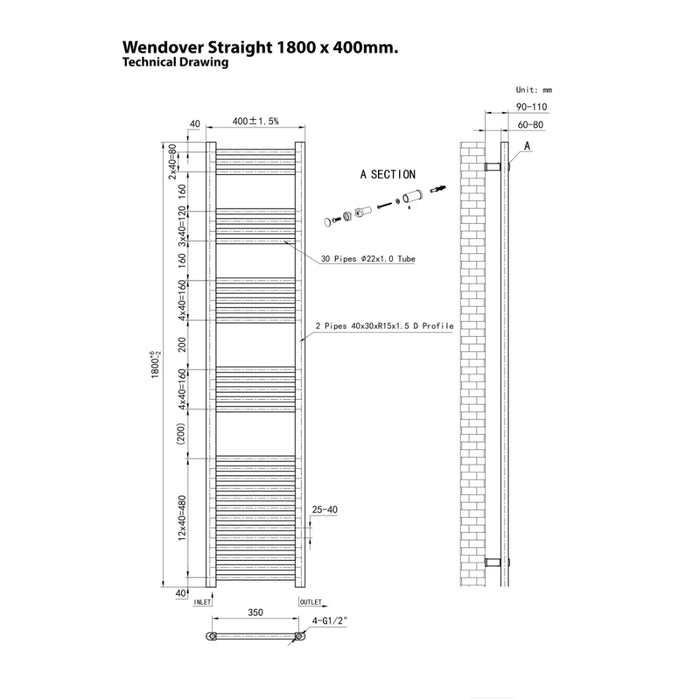 Eastbrook Wendover Vertical Straight Heated Towel Rail - White