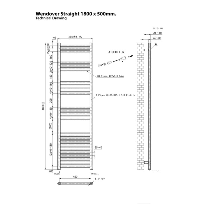 Eastbrook Wendover Vertical Straight Heated Towel Rail - White