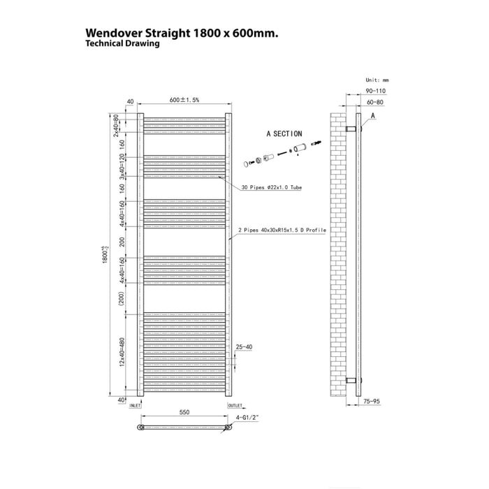 Eastbrook Wendover Vertical Straight Heated Towel Rail - White