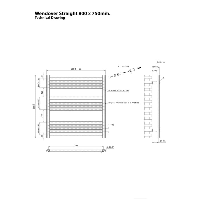 Eastbrook Wendover Vertical Straight Heated Towel Rail - White
