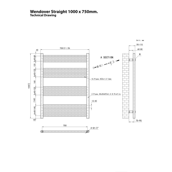 Eastbrook Wendover Vertical Straight Heated Towel Rail - White